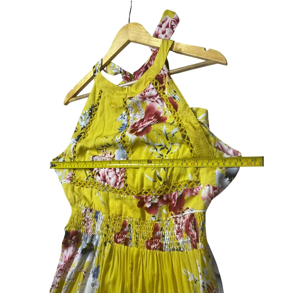 Jaase Yellow Floral Halter‎ Maxi Dress XL Crochet Smocked Vacay Tropical Boho